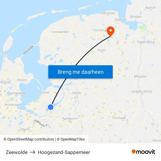 Zeewolde to Hoogezand-Sappemeer map