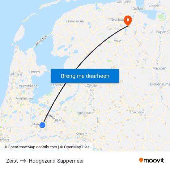 Zeist to Hoogezand-Sappemeer map