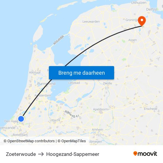 Zoeterwoude to Hoogezand-Sappemeer map