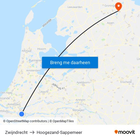 Zwijndrecht to Hoogezand-Sappemeer map