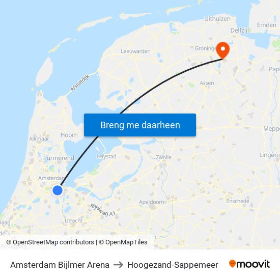 Amsterdam Bijlmer Arena to Hoogezand-Sappemeer map