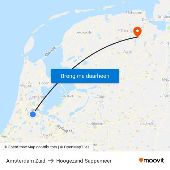 Amsterdam Zuid to Hoogezand-Sappemeer map