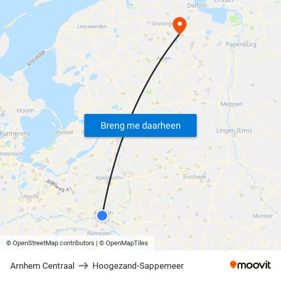 Arnhem Centraal to Hoogezand-Sappemeer map