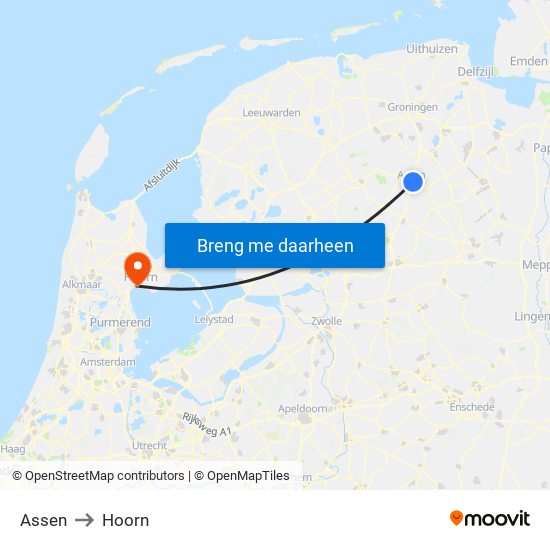 Assen to Hoorn map