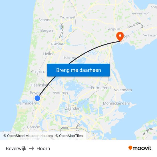 Beverwijk to Hoorn map