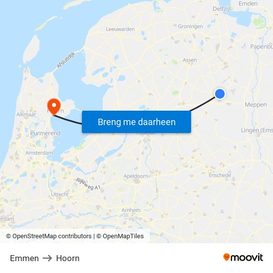 Emmen to Hoorn map
