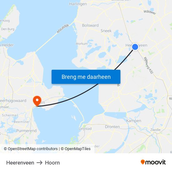 Heerenveen to Hoorn map