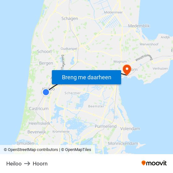 Heiloo to Hoorn map
