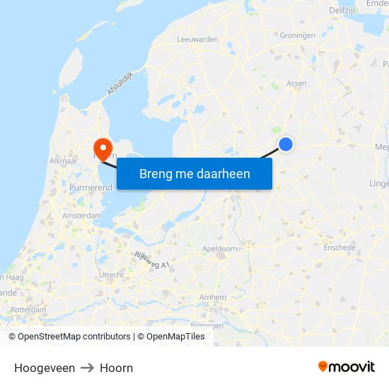 Hoogeveen to Hoorn map
