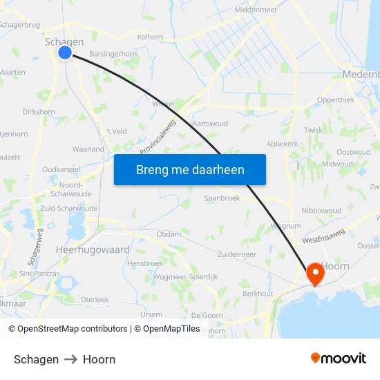 Schagen to Hoorn map