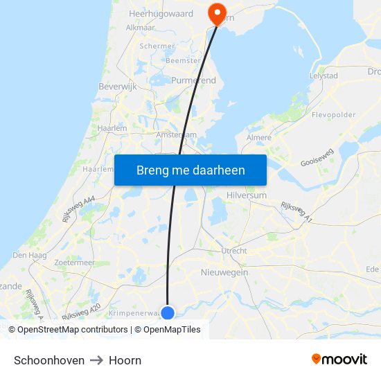Schoonhoven to Hoorn map