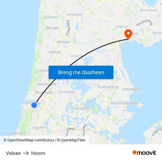 Velsen to Hoorn map