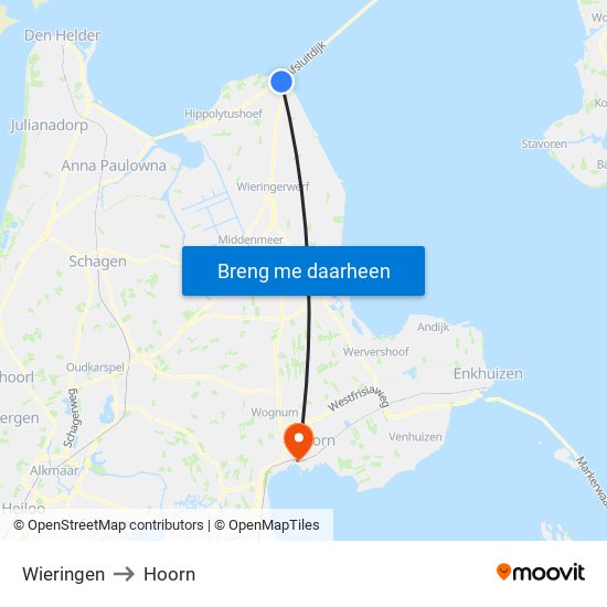 Wieringen to Hoorn map