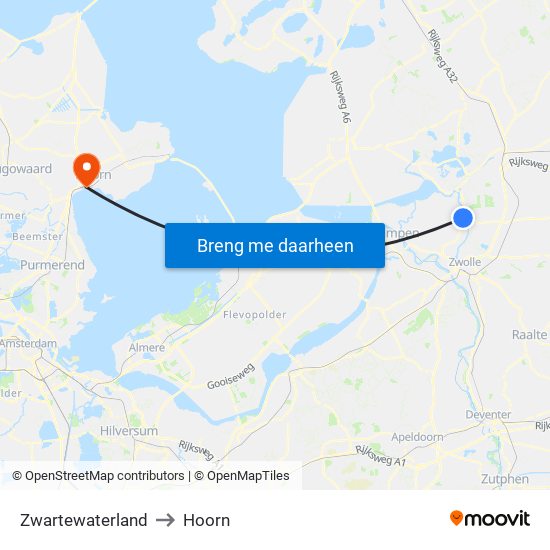 Zwartewaterland to Hoorn map