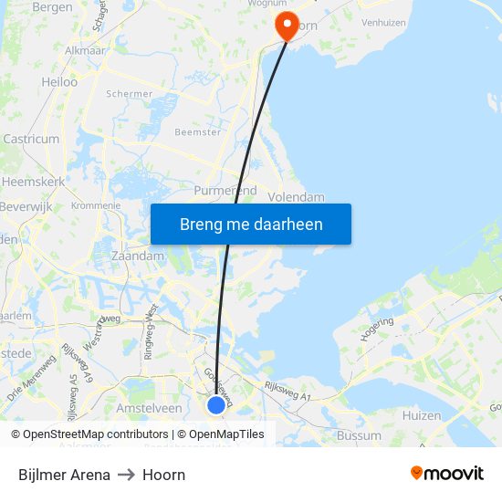 Bijlmer Arena to Hoorn map