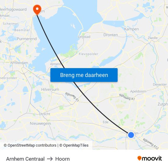 Arnhem Centraal to Hoorn map