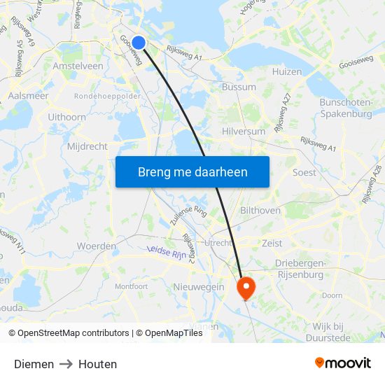 Diemen to Houten map