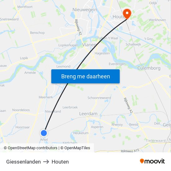 Giessenlanden to Houten map