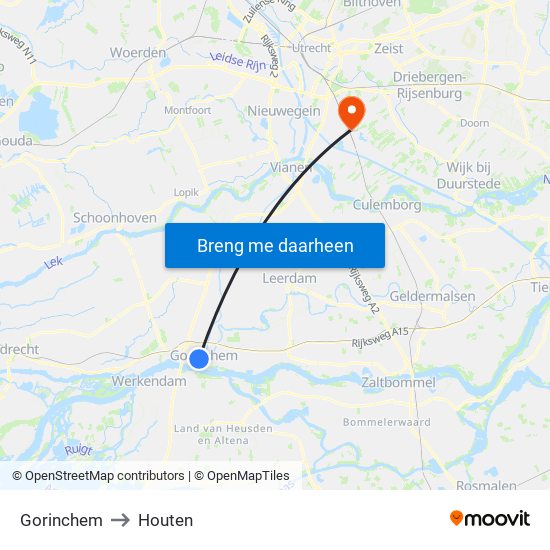 Gorinchem to Houten map
