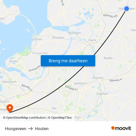 Hoogeveen to Houten map