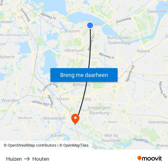 Huizen to Houten map