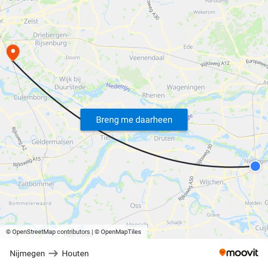Nijmegen to Houten map