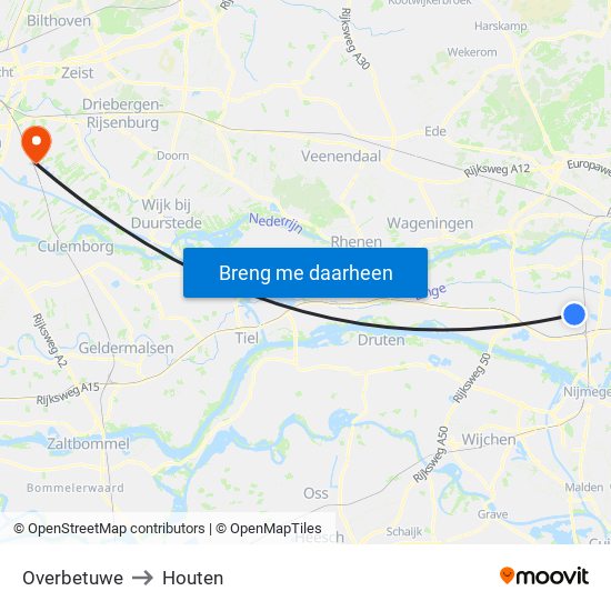 Overbetuwe to Houten map