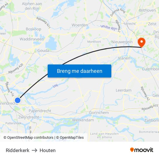 Ridderkerk to Houten map