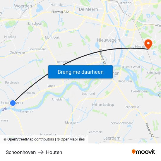 Schoonhoven to Houten map