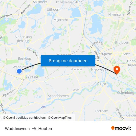 Waddinxveen to Houten map