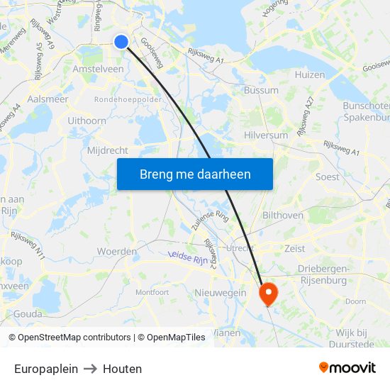 Europaplein to Houten map