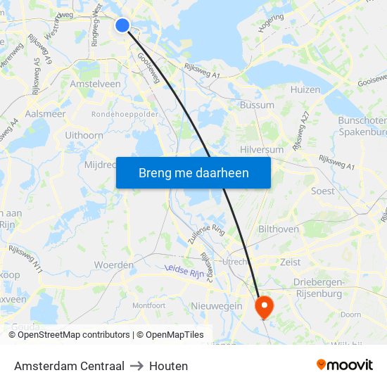 Amsterdam Centraal to Houten map