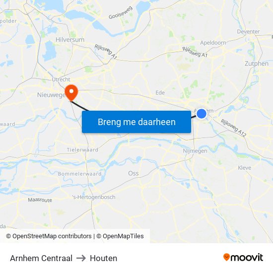 Arnhem Centraal to Houten map