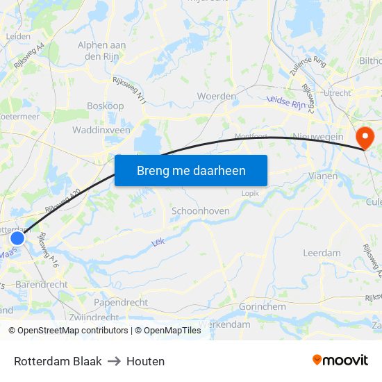 Rotterdam Blaak to Houten map