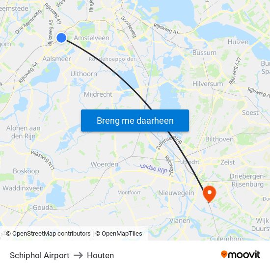 Schiphol Airport to Houten map