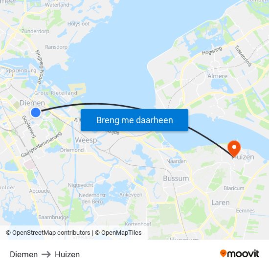 Diemen to Huizen map