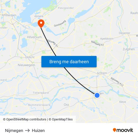 Nijmegen to Huizen map