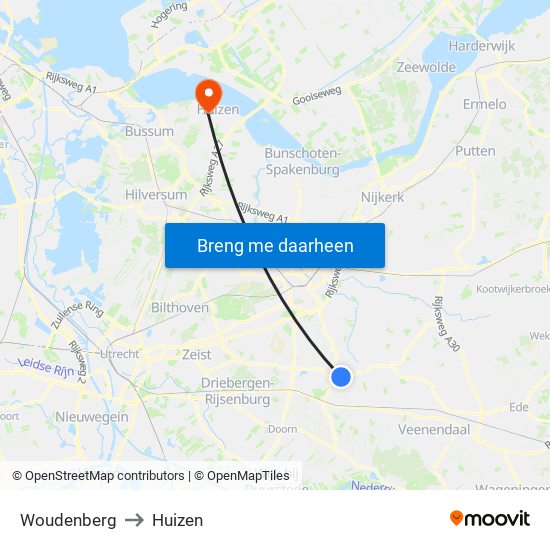 Woudenberg to Huizen map