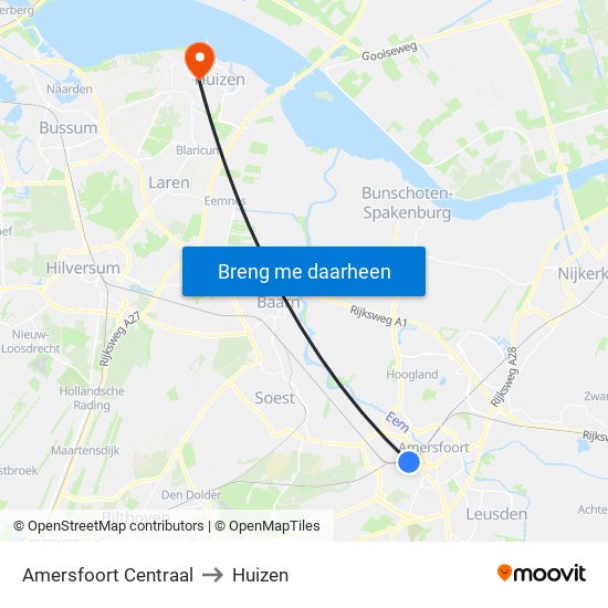 Amersfoort Centraal to Huizen map