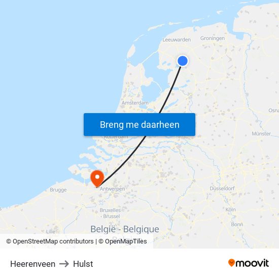 Heerenveen to Hulst map