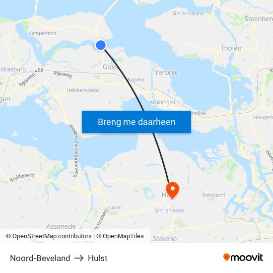 Noord-Beveland to Hulst map
