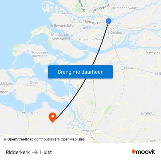 Ridderkerk to Hulst map