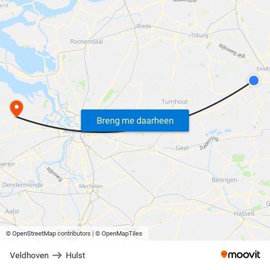 Veldhoven to Hulst map