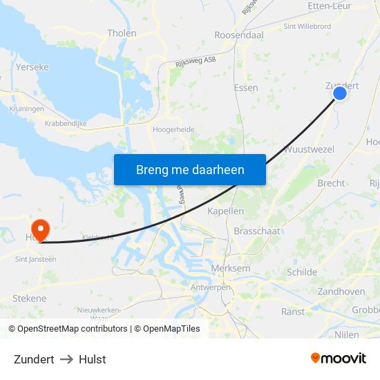 Zundert to Hulst map