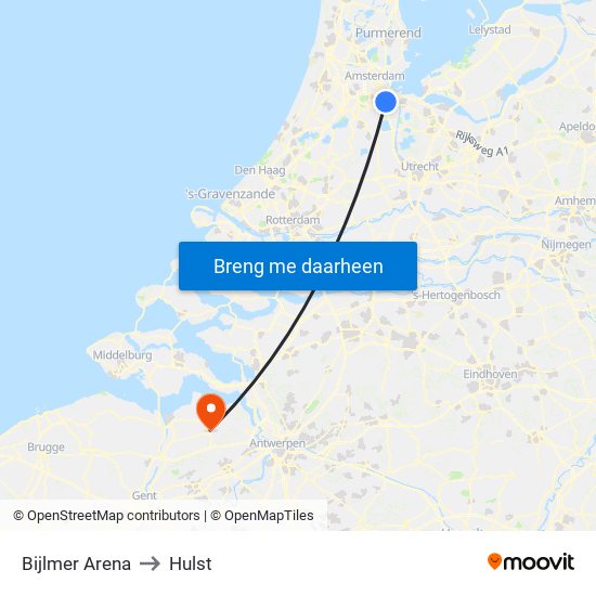 Bijlmer Arena to Hulst map