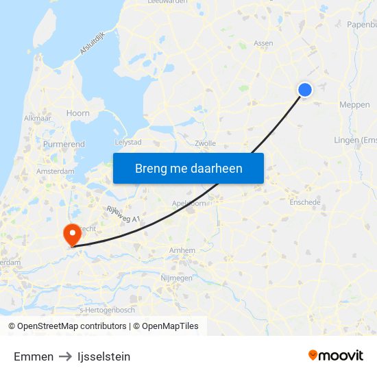 Emmen to Ijsselstein map