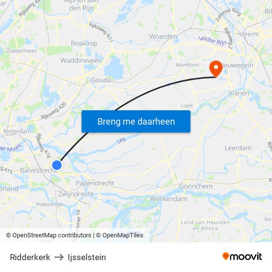 Ridderkerk to Ijsselstein map