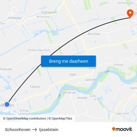 Schoonhoven to Ijsselstein map
