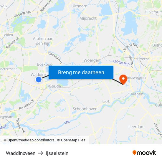 Waddinxveen to Ijsselstein map