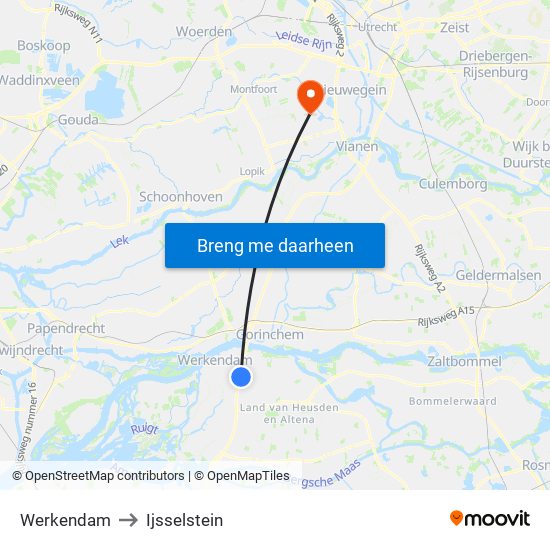 Werkendam to Ijsselstein map